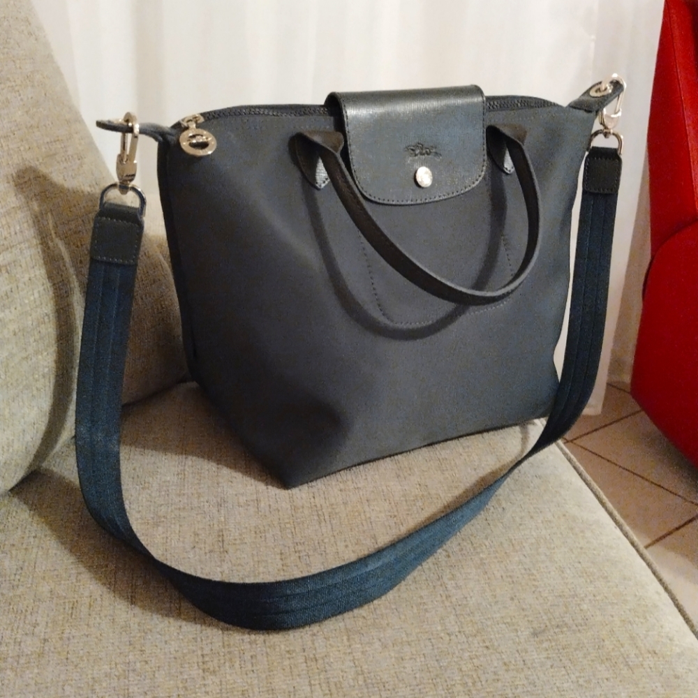 Longchamp le pliage grey Neo City Zip-Up tote crossbody shoulder bag w organizer